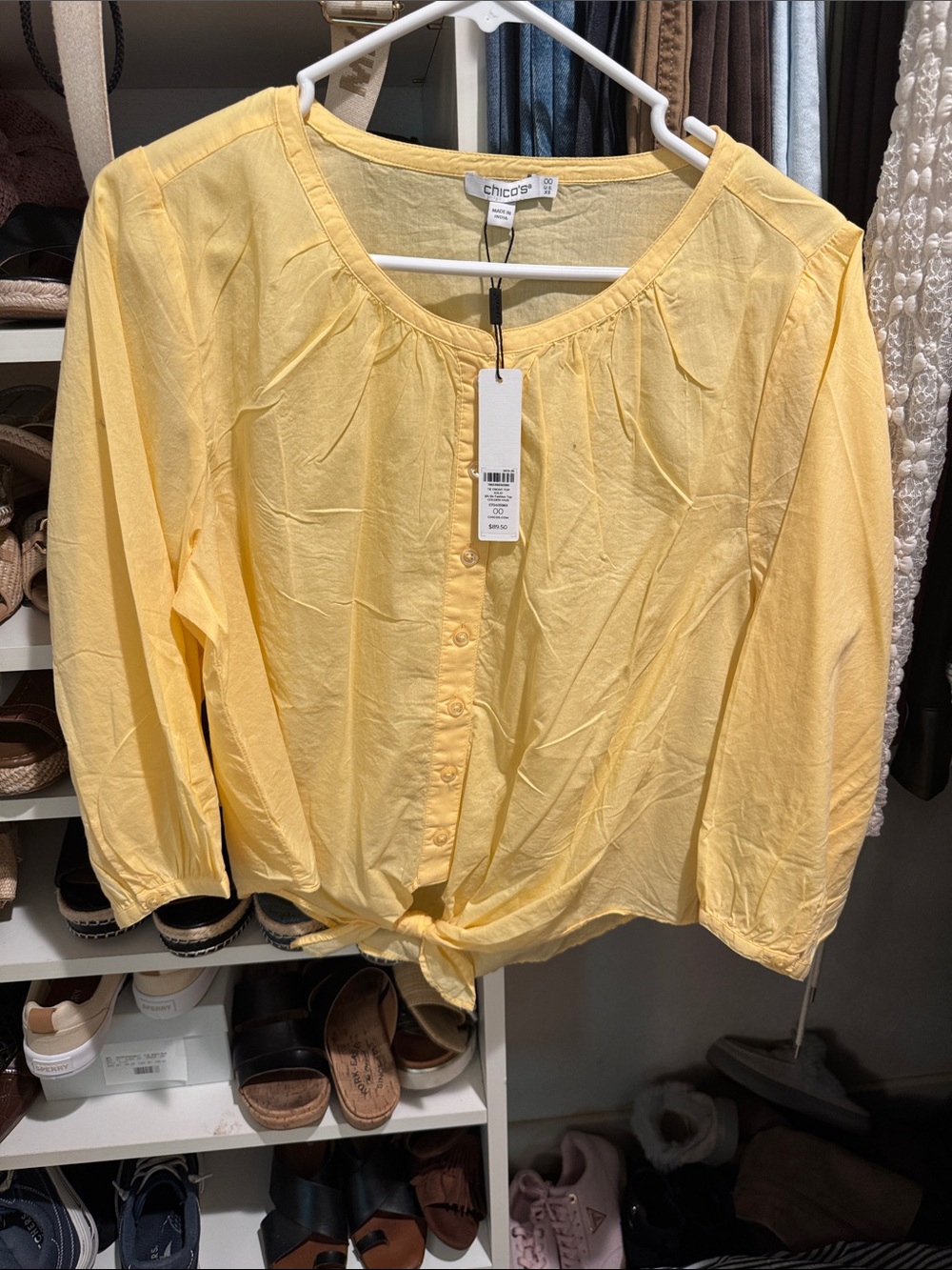 Chico's Light Yellow Button-Front Tie-Hem Blouse